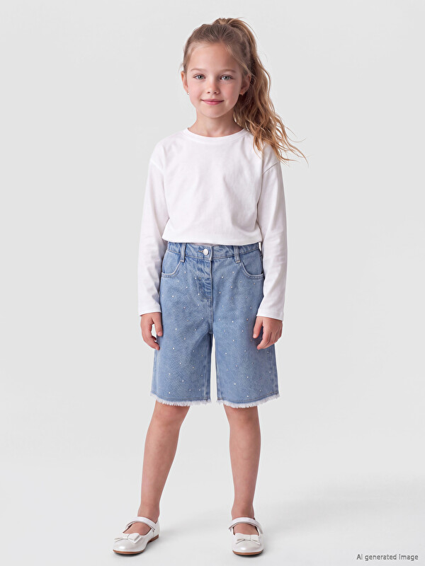 LCW Kids Pantaloni scurți din denim bermude cu încrustații cu ștrasuri pentru fete