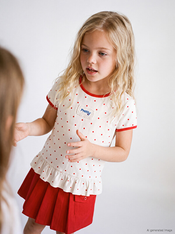 LCW Kids Polka Dot Patterned Ruffled Girls' T-Shirt