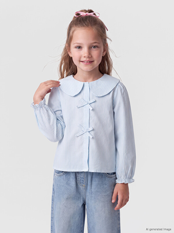 LCW Kids Bebe Yaka Fiyonk Detaylı Çizgili Kız Çocuk Gömlek