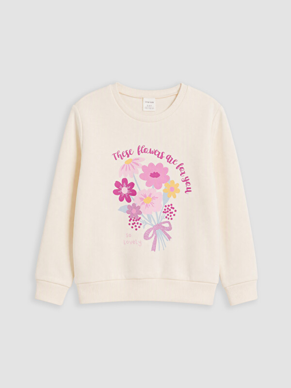 LCW Kids Bisiklet Yaka Baskılı Kız Sweatshirt
