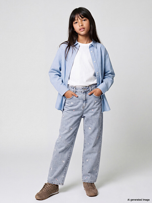 LCW Kids Baggy Fit Embroidered Girls' Jeans