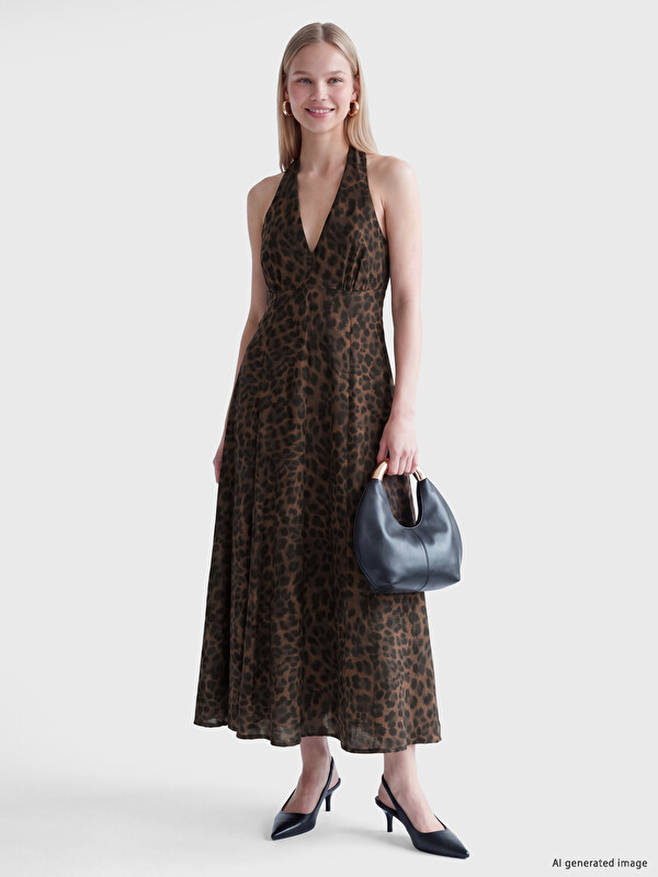 LCW Vision Halter Yaka Leopar Desenli A Kesim Elbise