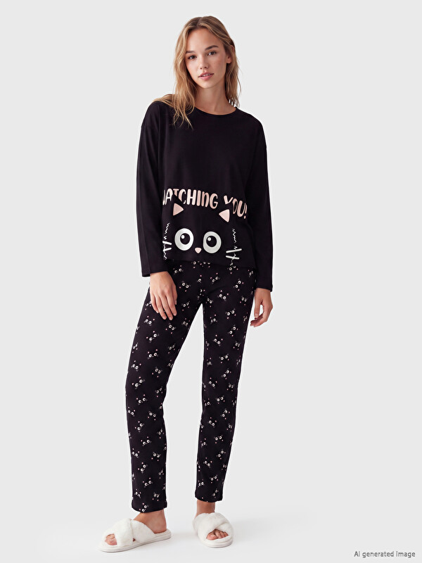 LCW Young Bisiklet Yaka Baskılı Kadın Pijama Takım