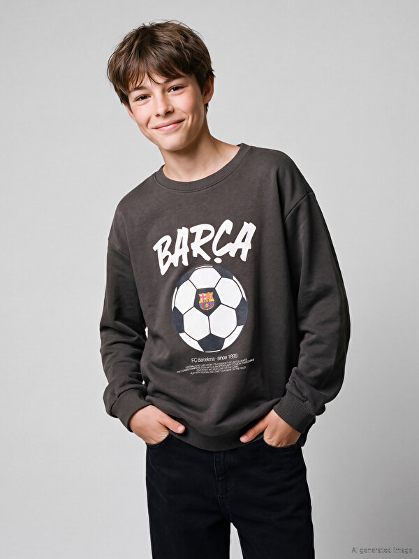 LCW Kids FC Barcelona Baskılı Erkek Çocuk Kalın Sweatshirt
