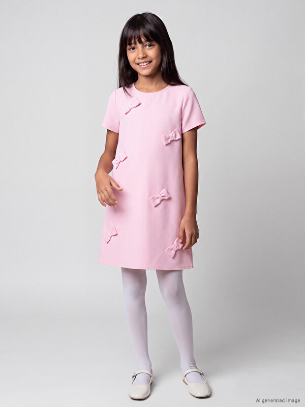 LCW Kids Crew Neck Bow Detailed Girls' Dress
