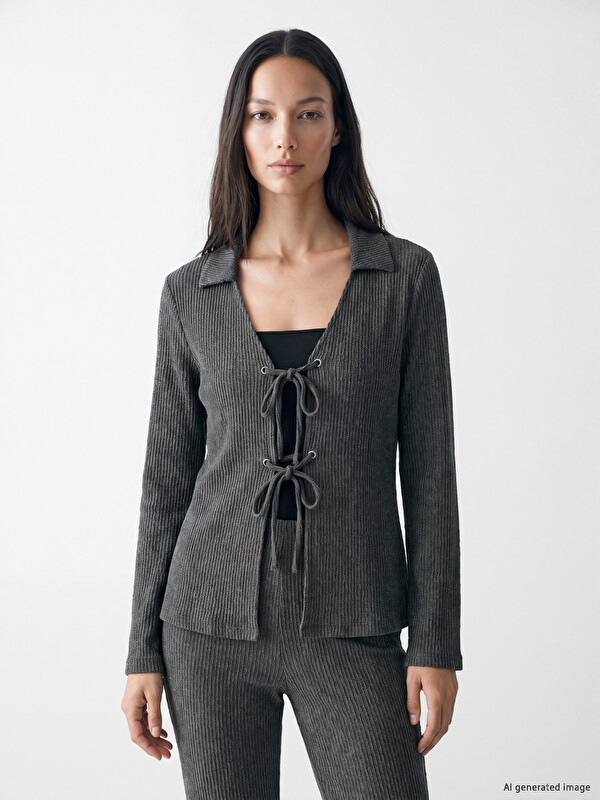 LCW EVERYDAY Eyelet Tie-up Women's Ribbed Cardigan