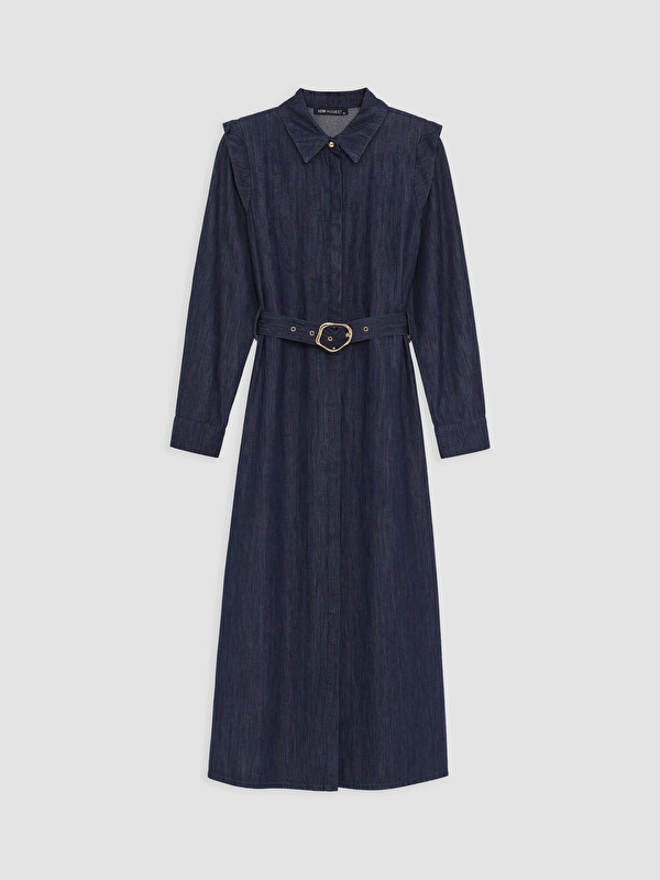 LCW Modest Beli Kemerli Fırfırlı Jean Gömlek Elbise