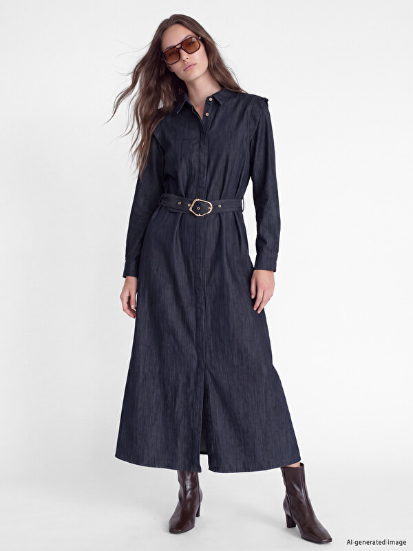 LCW Modest Waist Belted Ruffled Jean Shirt Dress