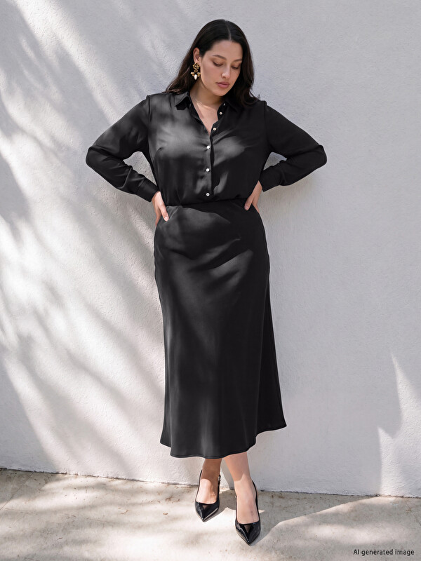 LCW Curve Plus Size Elastic Waist Satin Skirt