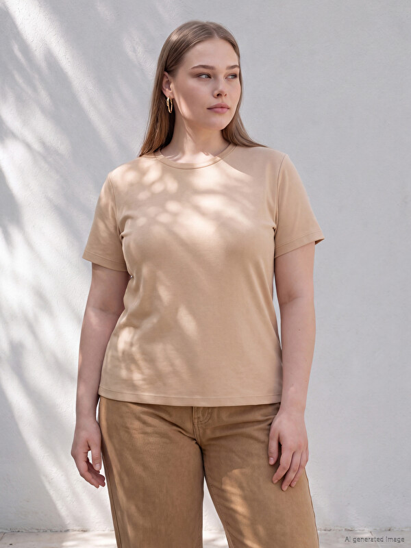 LCWAIKIKI Curve Femër Bezhe T-shirt