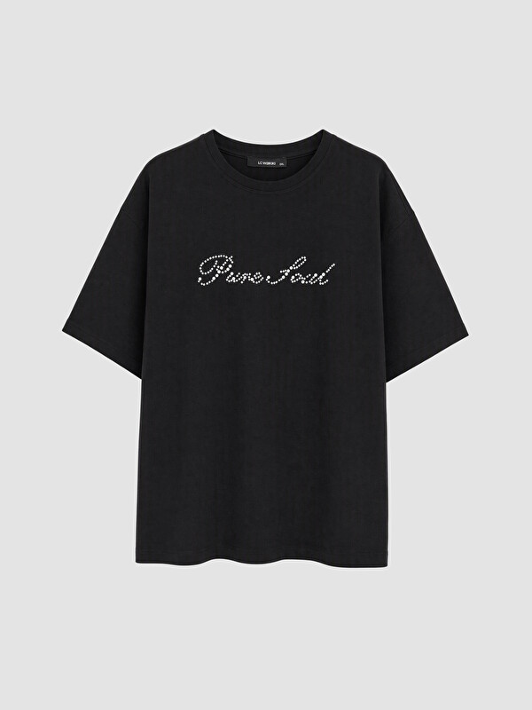 LCW Curve Bluzë T-shirt pambuku 100% madhësi plus e zbukuruar me gurë vezullues për gra