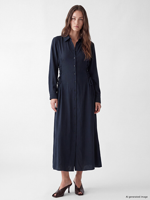 LCW Modest Eyelet Detailed Ruched Shirt Dress