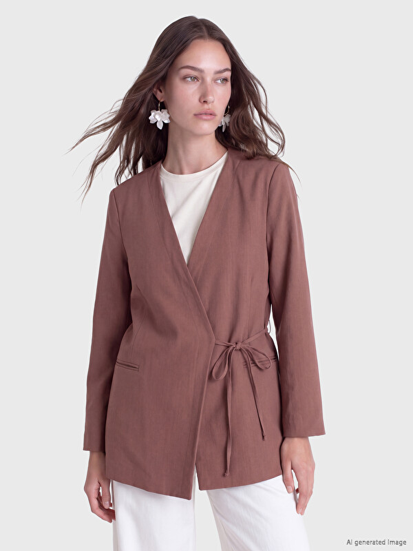 LCW Modest Double Breasted Collar Tied Oversize Women's Blazer Jacket