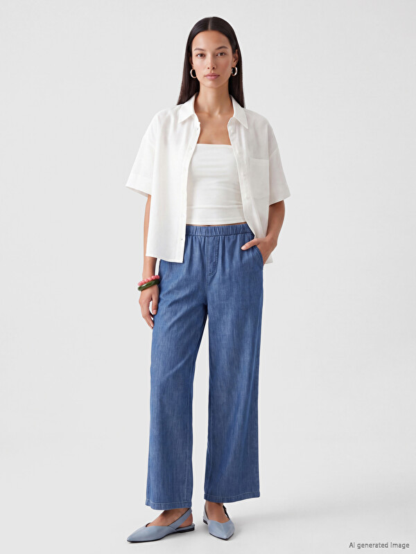 LCWAIKIKI Classic Beli Lastikli Wideleg Kadın Jean Pantolon