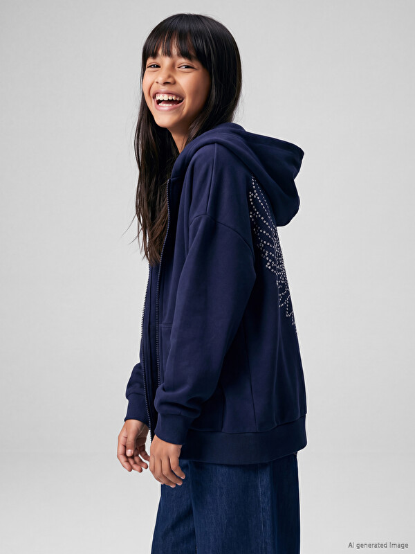 LCW Kids Rhinestone Embellished Hooded Zip-Up Girls' Sweatshirt