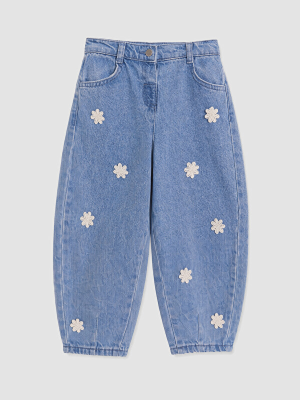 LCW Kids Flower Embroidered Barrel Fit Girls' Jeans