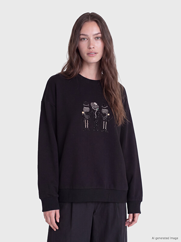 LCW Modest Rhinestone Embellished Women's Thick Sweatshirt Tunic
