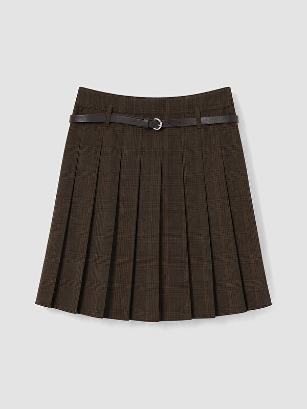 XSIDE Belted Plaid Pleated Mini Skirt
