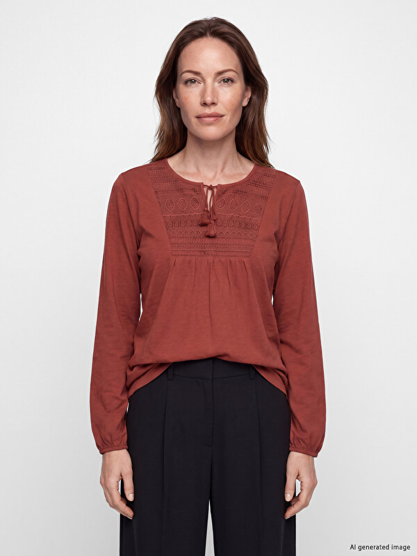 LCW Grace Tie Neck Embroidered Blouse