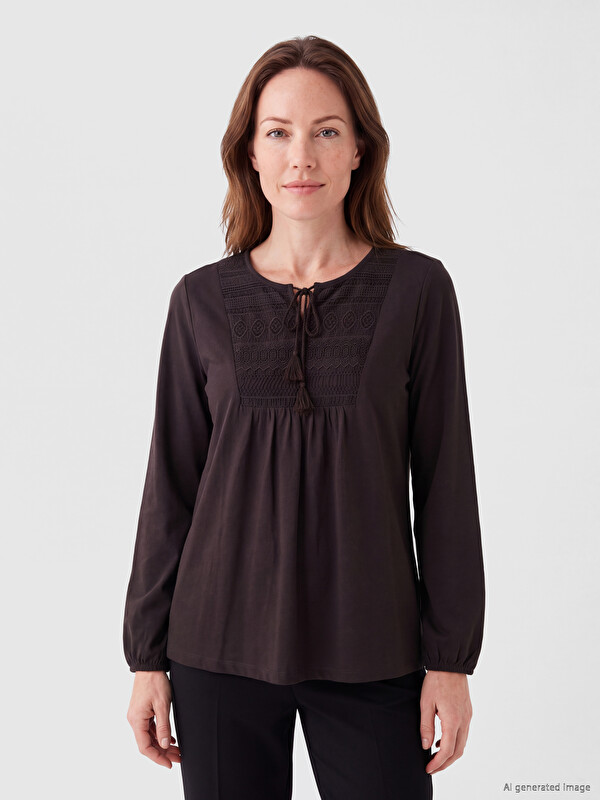 LCW Grace Tie Neck Embroidered Ruched Blouse