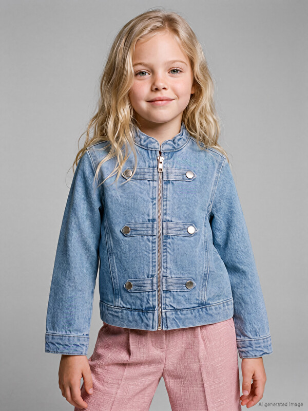 LCW Kids Grandad Collar Girls' Jean Jacket