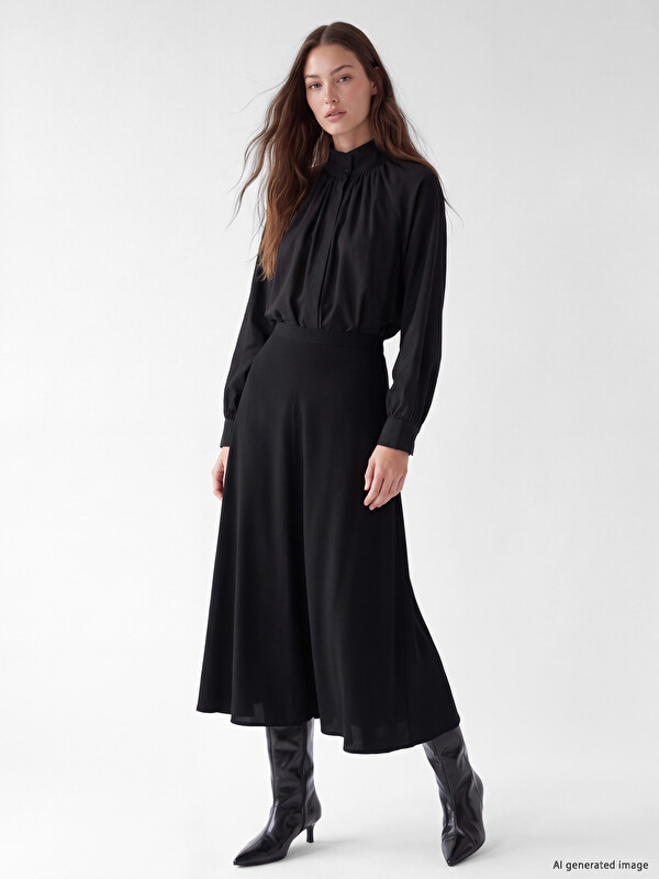LCW Modest Waist Zippered Modal Blended Flared Skirt