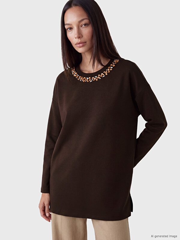 LCW EVERYDAY Soft Touch Rhinestone Oversize Women's Sweatshirt Tunic