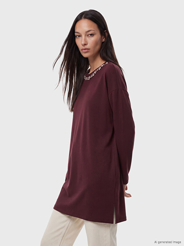 LCW EVERYDAY Soft Touch Rhinestone Oversize Women's Sweatshirt Tunic