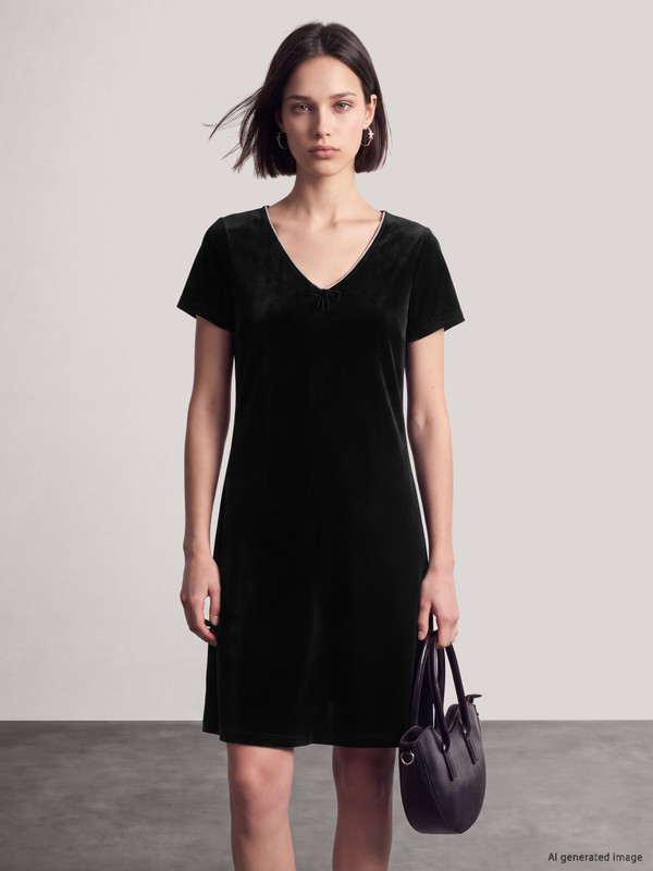 LCW Comfort V Neck A Form Velvet Mini Dress