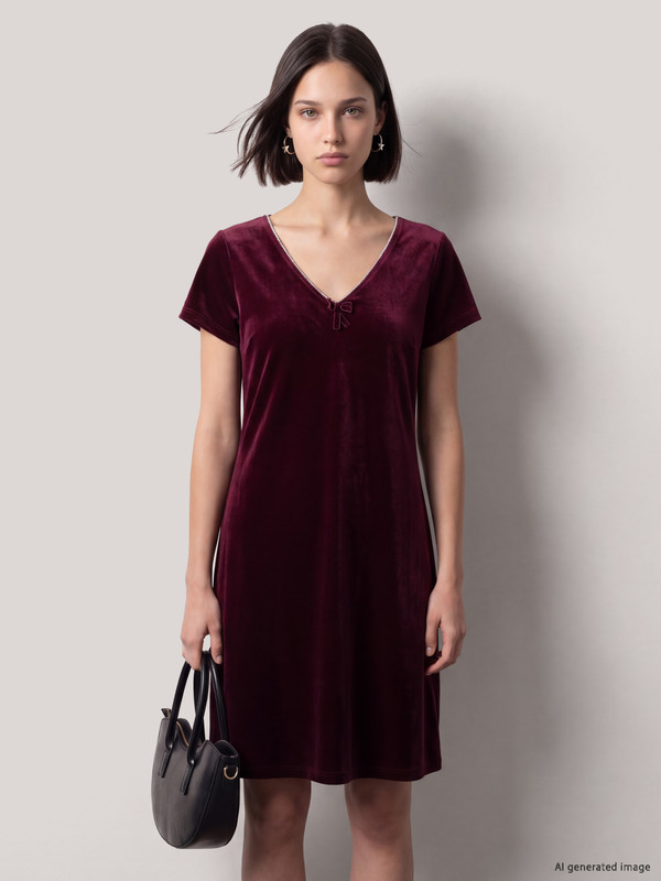 LCW Comfort V Neck A Form Velvet Mini Dress