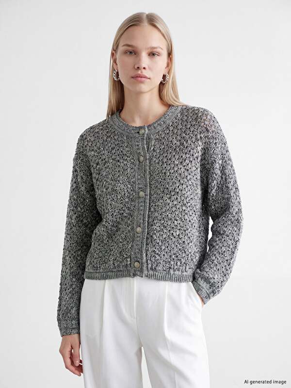 LCW Vision Crew Neck Open-Knit Women's Knitwear Cardigan