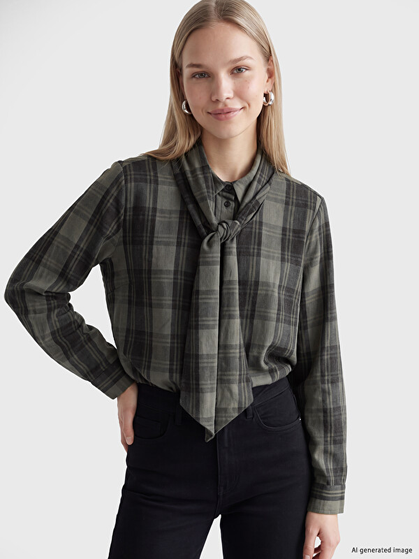 LCW Vision Tie Neck Plaid Women's Lumberjack Shirt
