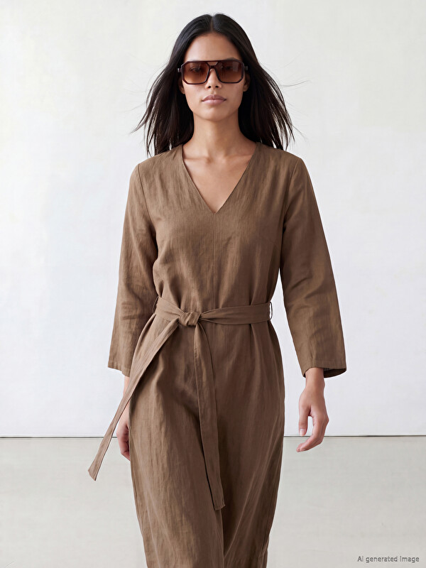 LCW Modest V Yaka Kuşaklı Elbise