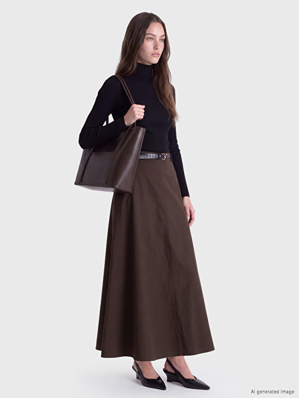 LCW Modest Belted Gabardine Flared Skirt