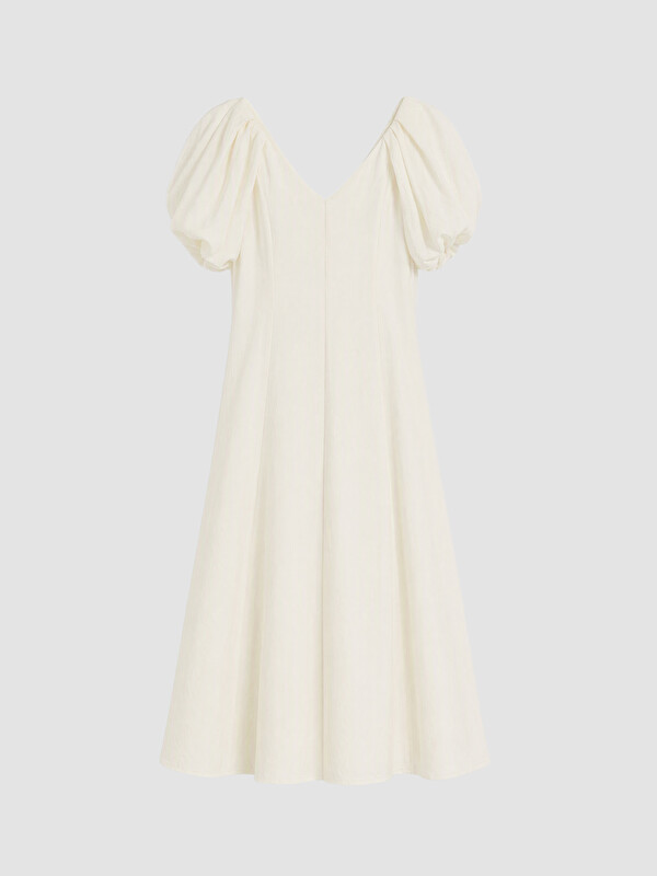 LCW Comfort V Neck Puff Sleeve Flared Evening Dress