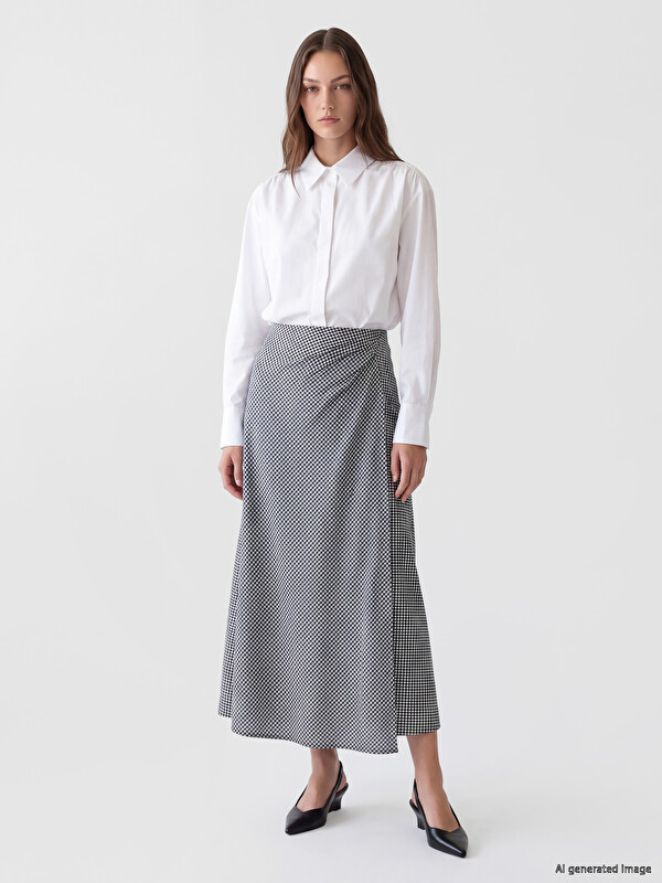 LCW Modest Zippered Plaid Ruched Asymmetric Skirt