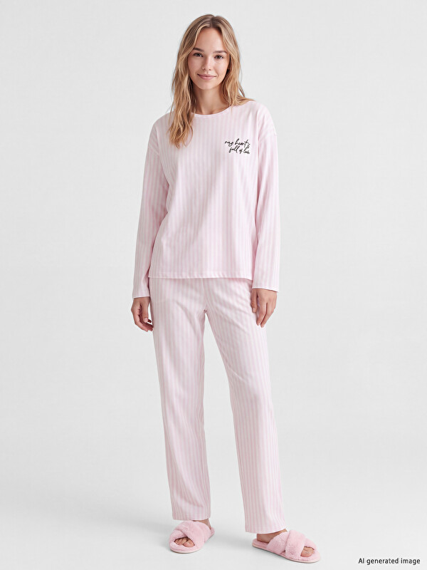 LCW DREAM Bisiklet Yaka Çizgili Kadın Pijama Takımı