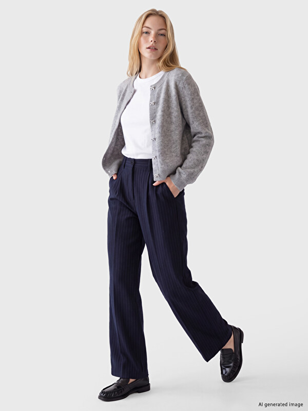 XSIDE Loose Fit Çizgili Kadın Pileli Kumaş Pantolon