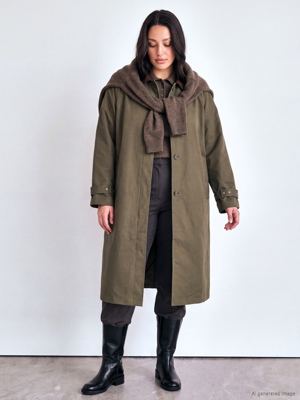 LCW Curve Plus Size Contrast Collar Women's Trench Coat