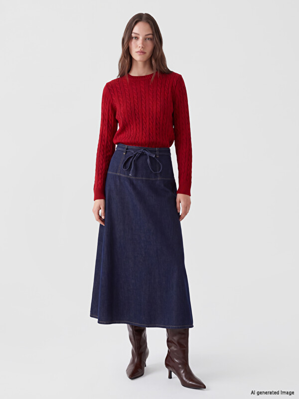 LCW Modest Sashed A Line Jean Skirt