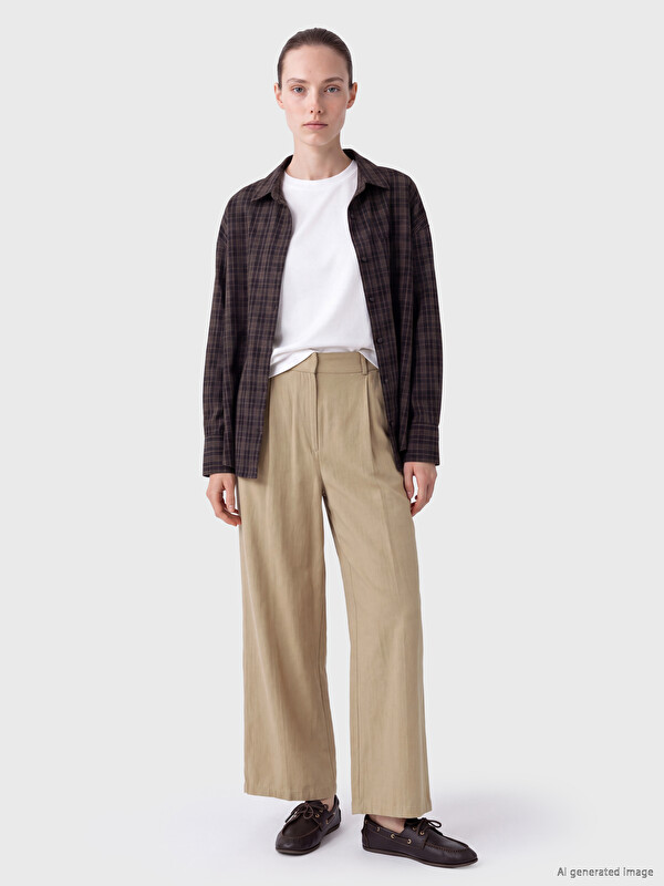 LCW Comfort Wide Leg Pleated Women's Fabric Trousers
