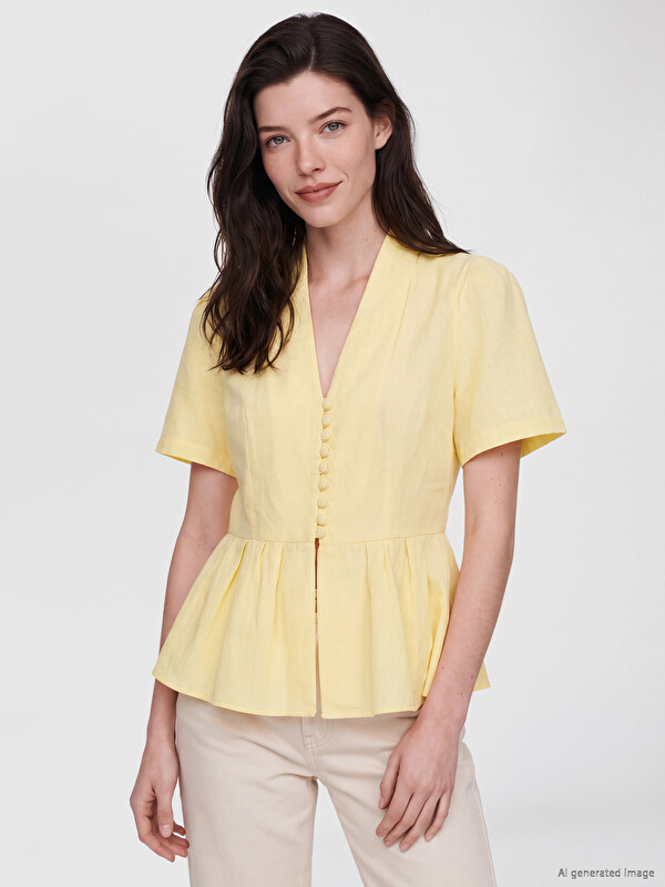 LCW Comfort V Neck %100 Cotton Peplum Blouse