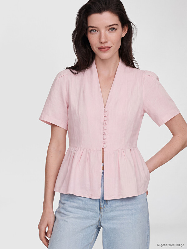 LCW Comfort V Yaka %100 Pamuklu Peplum Bluz