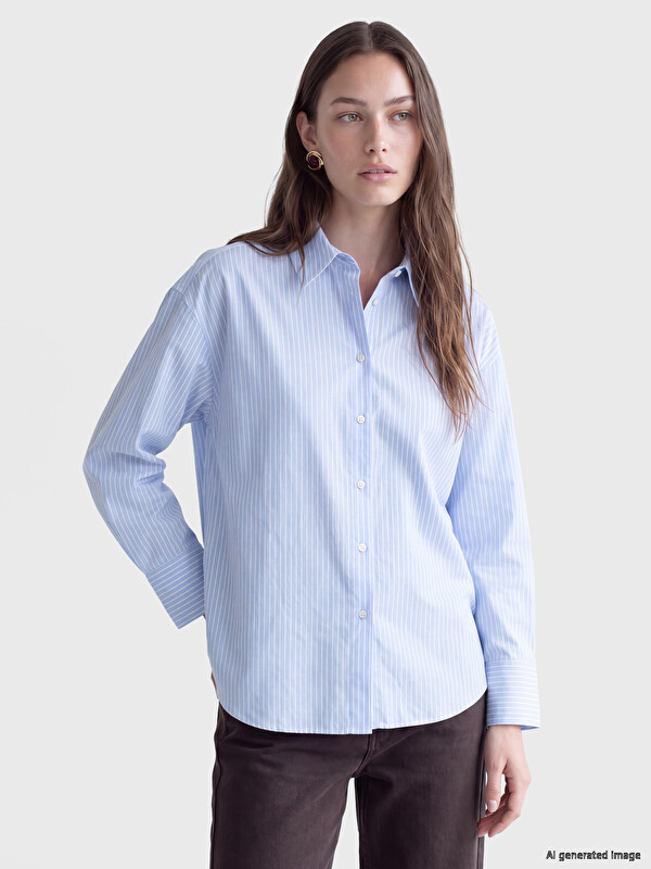 LCW Modest Çizgili Poplin Kadın Gömlek