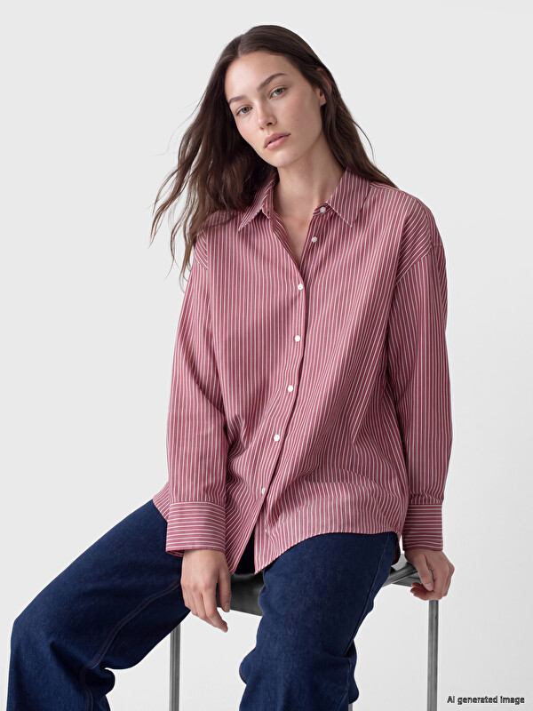 LCW Modest Çizgili Poplin Kadın Gömlek