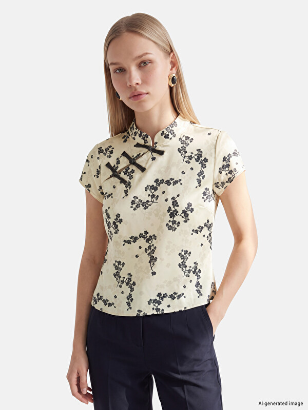 LCW Vision Grandad Collar Embellished Buttoned Floral Blouse