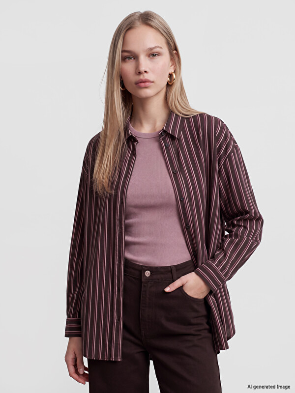 LCW Vision Çizgili Oversize Kadın Gömlek