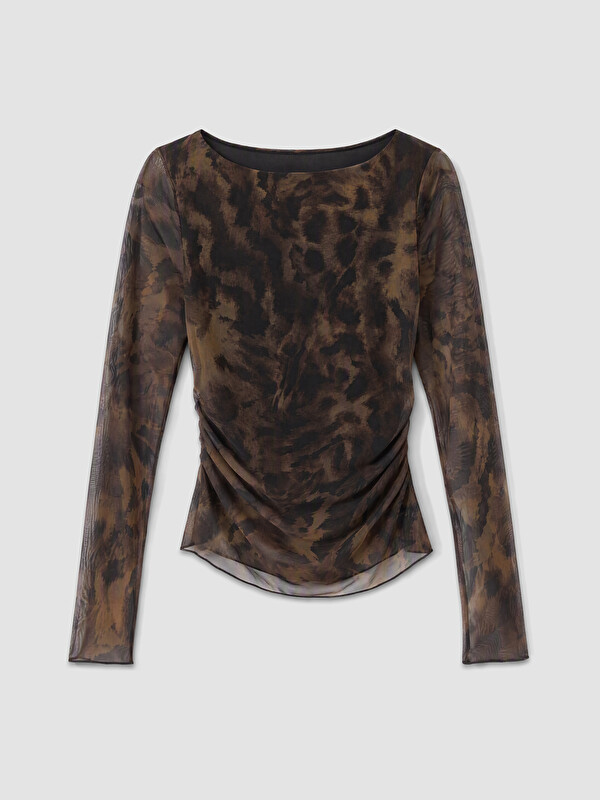 LCW Vision Bluză cu Guler tip Slash cu Imprimeu leopard cu Fronseuri