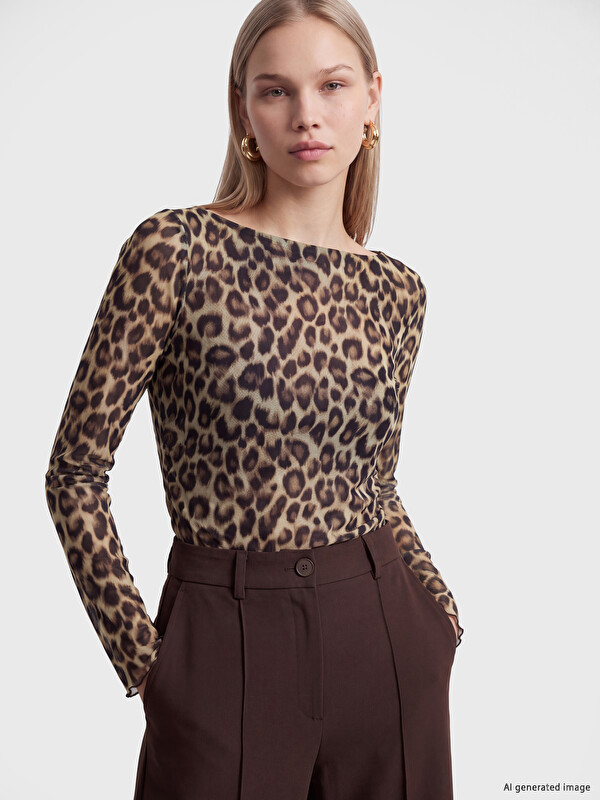LCW Vision Leopard Print Ruched Tulle Blouse