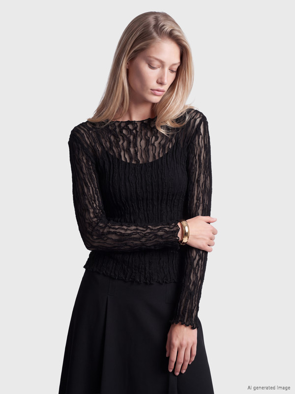 LCW Vision Ruffled Mock Neck Lace Blouse